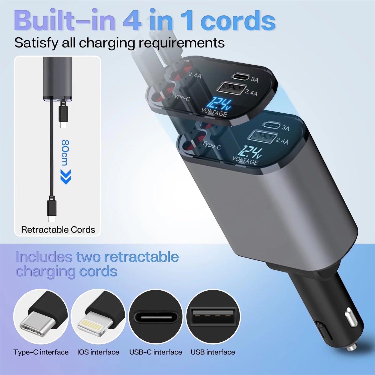 Retractable Car Charger 4-1 Multi- Charging Cables
